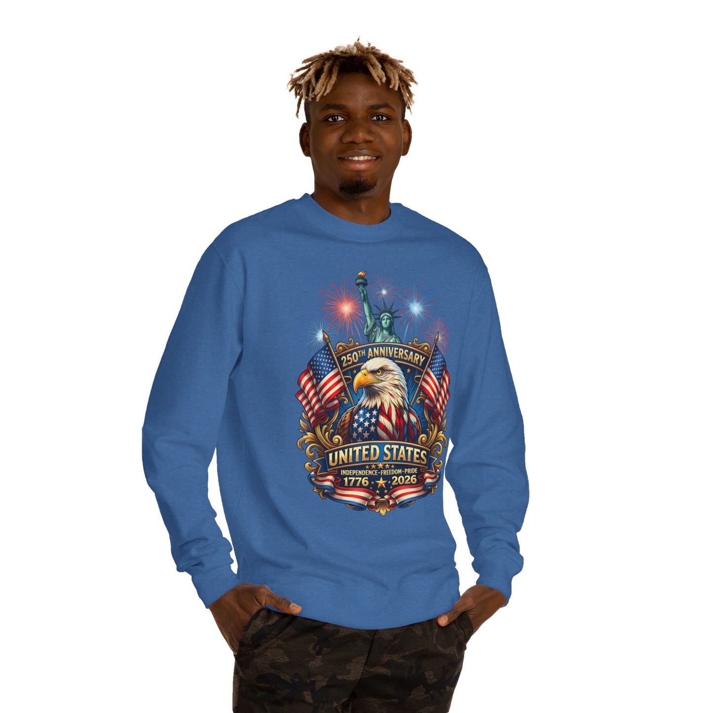 250th Anniversary United States Sweatshirt — Patriotic Eagle, Flags & Fireworks (1776–2026)