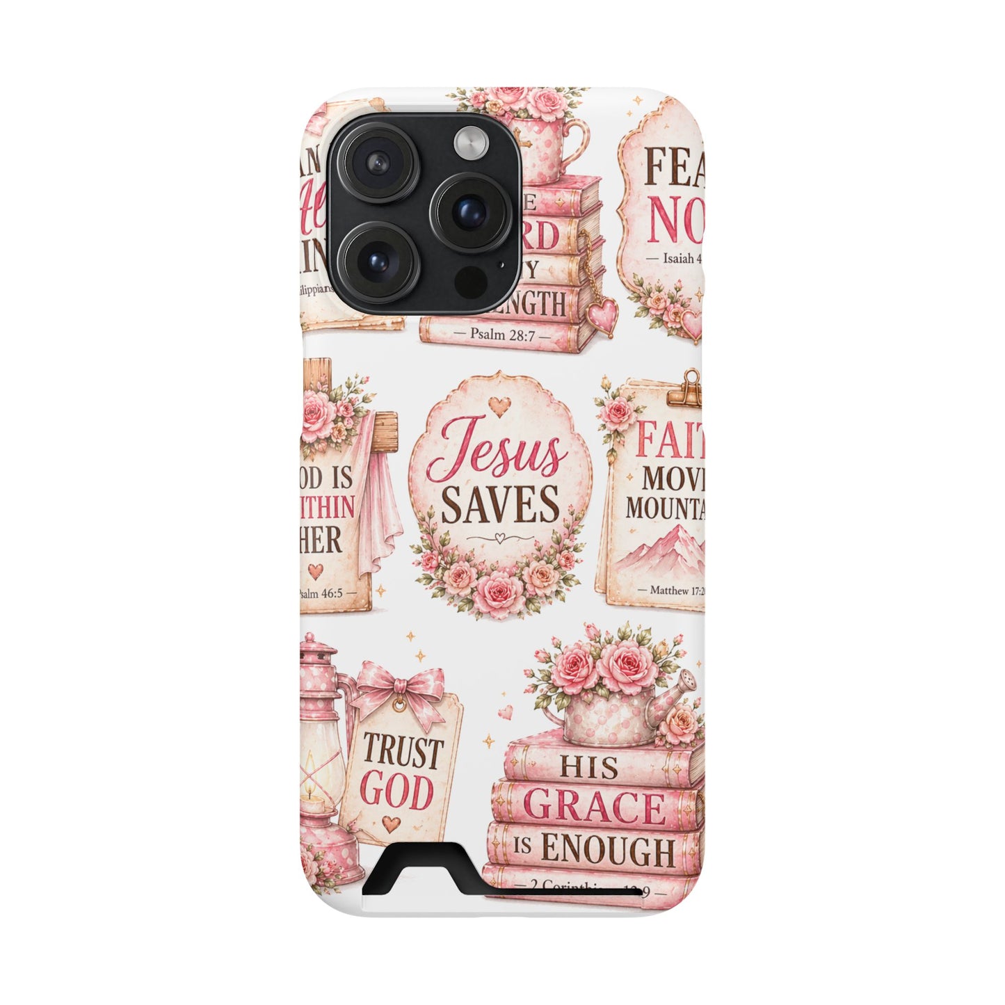 Christian Phone Case with Card Holder — 'Jesus Saves' Floral Scripture Design