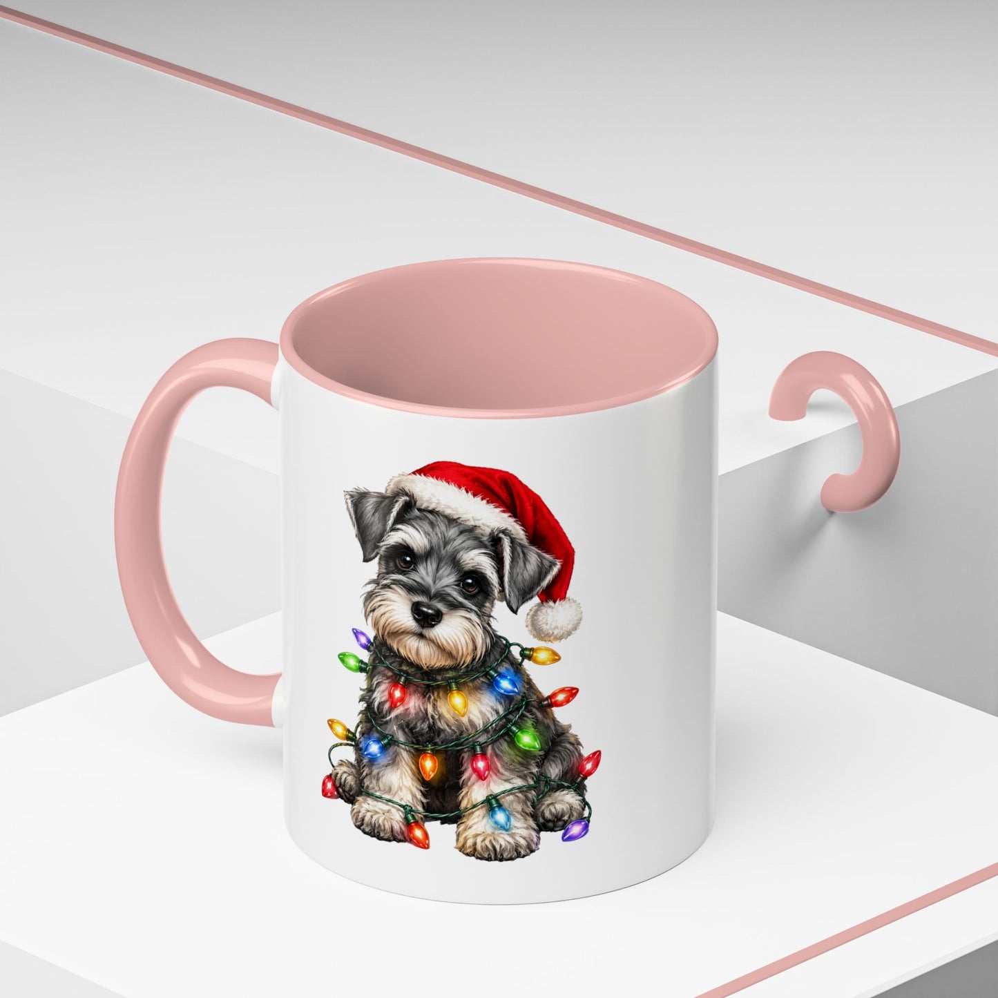Christmas Puppy Coffee Mug — Schnauzer in Santa Hat with Holiday Lights (11/15oz)