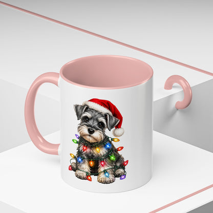Christmas Puppy Coffee Mug — Schnauzer in Santa Hat with Holiday Lights (11/15oz)
