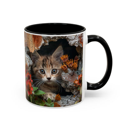 Cute Kitten Peek Accent Coffee Mug — Tabby Cat Floral 11/15oz