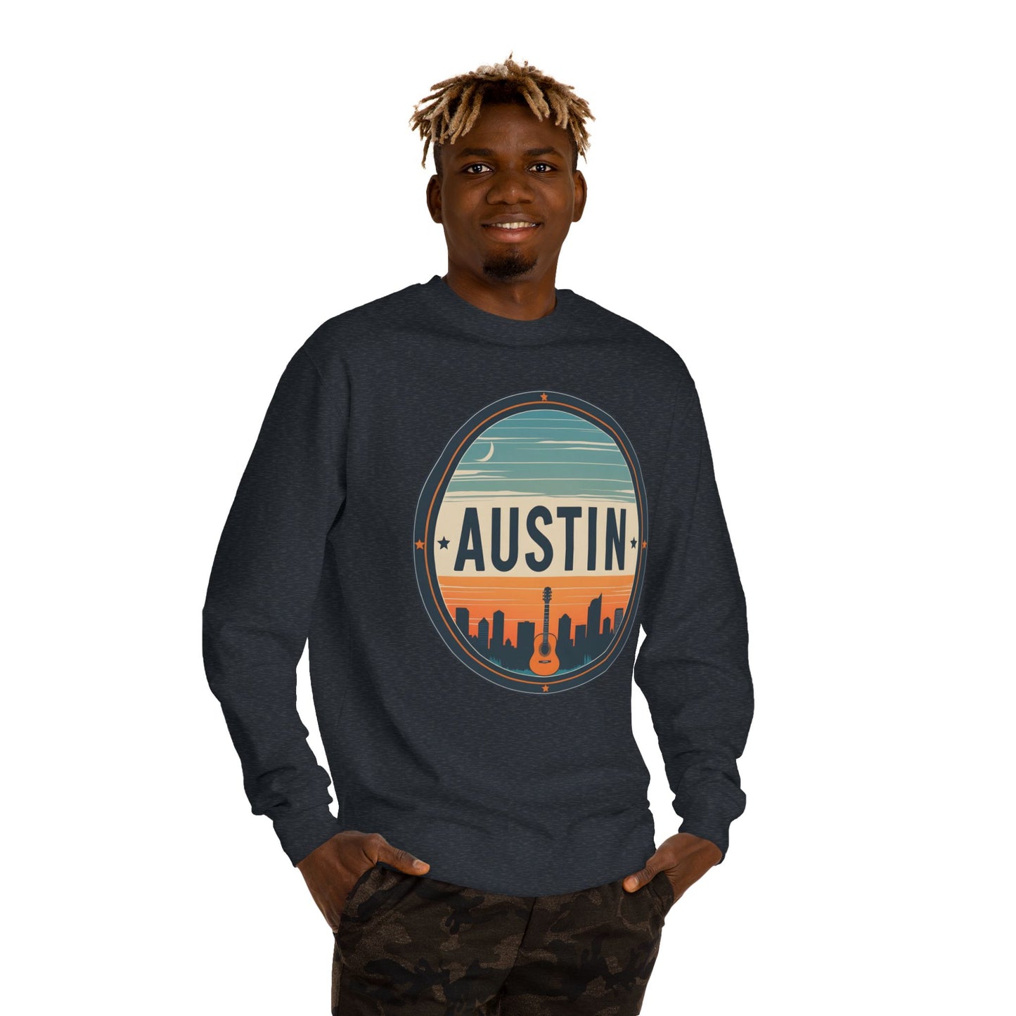 Austin Skyline Crewneck Sweatshirt — Retro Guitar City Logo