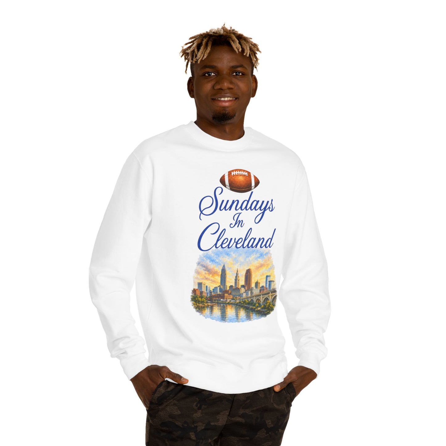 Sundays in Cleveland Football Crewneck Sweatshirt — Cleveland Skyline Game Day Pullover