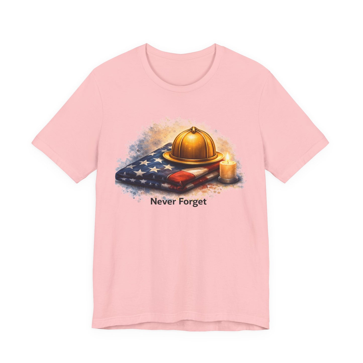 Never Forget Memorial T‑Shirt — Firefighter Helmet & Flag Tribute