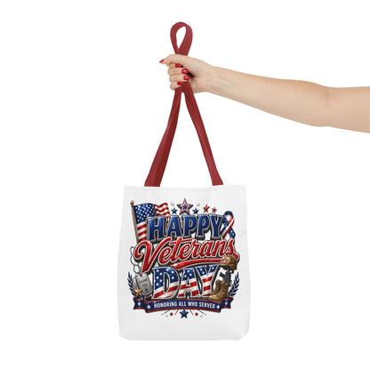 Veterans Day Tote Bag — "Happy Veterans Day" Patriotic All-Over Print