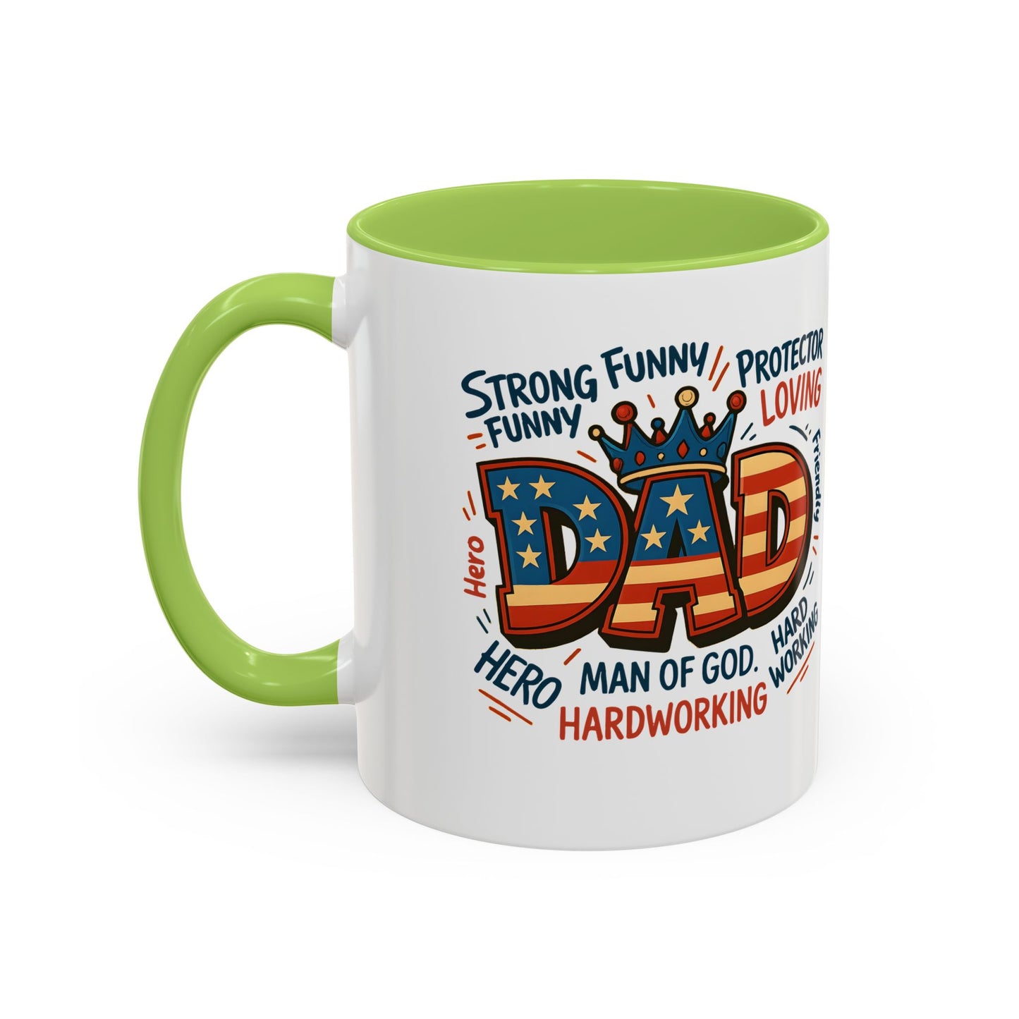 Dad Coffee Mug — Patriotic "DAD" Design with Loving, Hardworking, Protector Keywords (11/15oz Accent Mug)