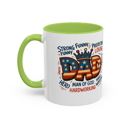 Dad Coffee Mug — Patriotic "DAD" Design with Loving, Hardworking, Protector Keywords (11/15oz Accent Mug)