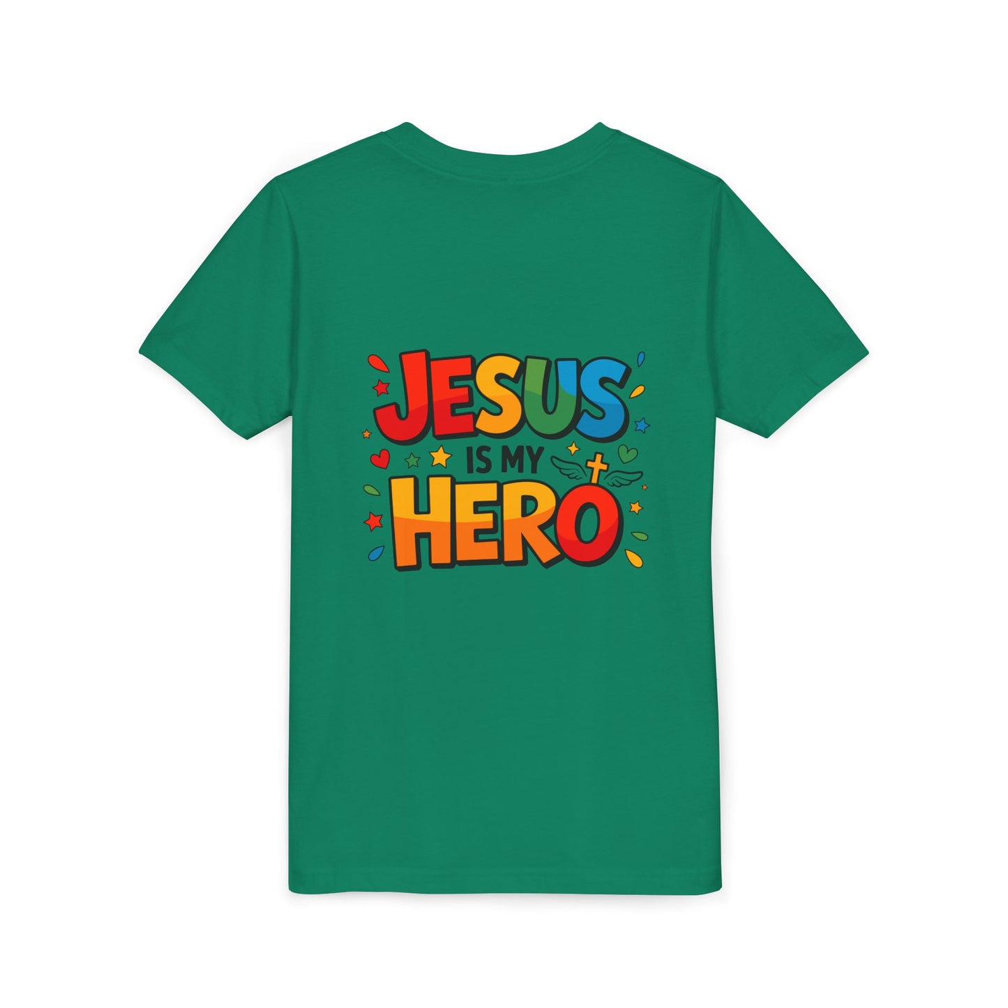 Youth Tee — "Jesus Is My Hero" Colorful Kids Christian T-Shirt