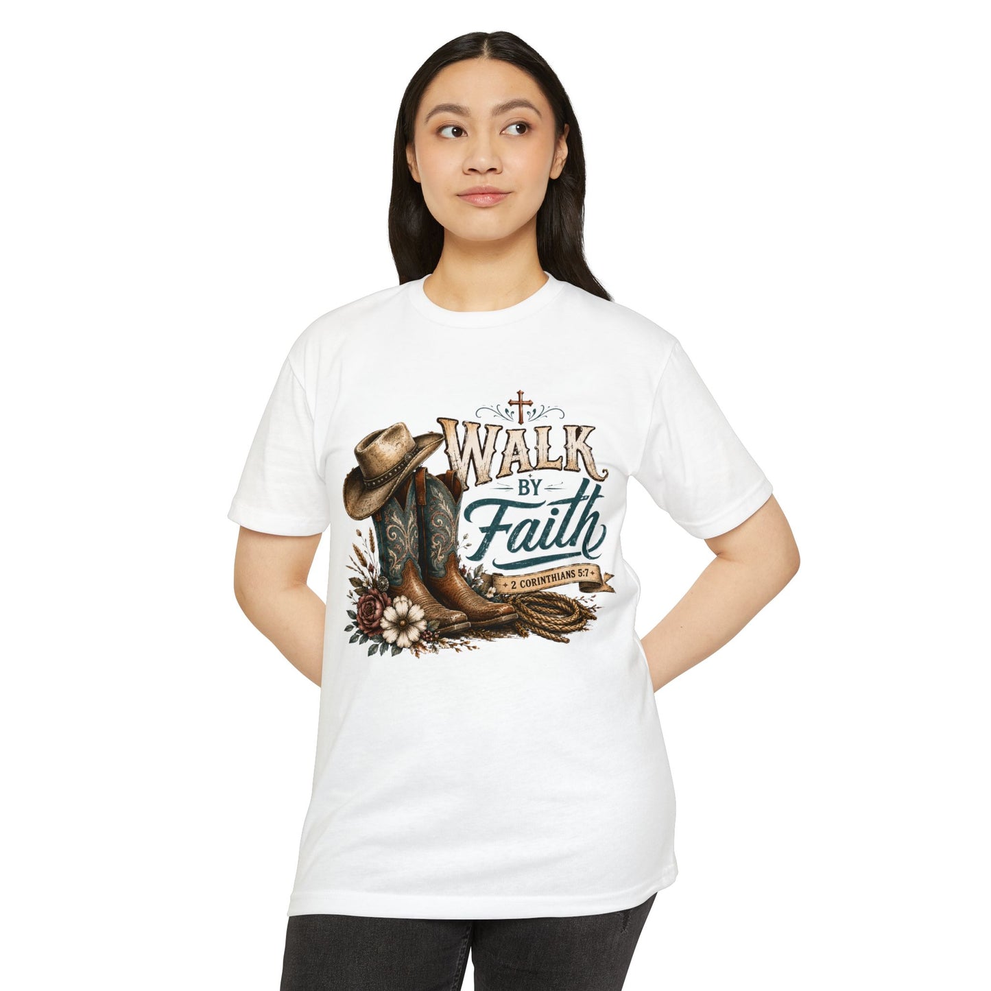 Walk By Faith T-Shirt — Christian Cowboy Boots & Hat Graphic Tee