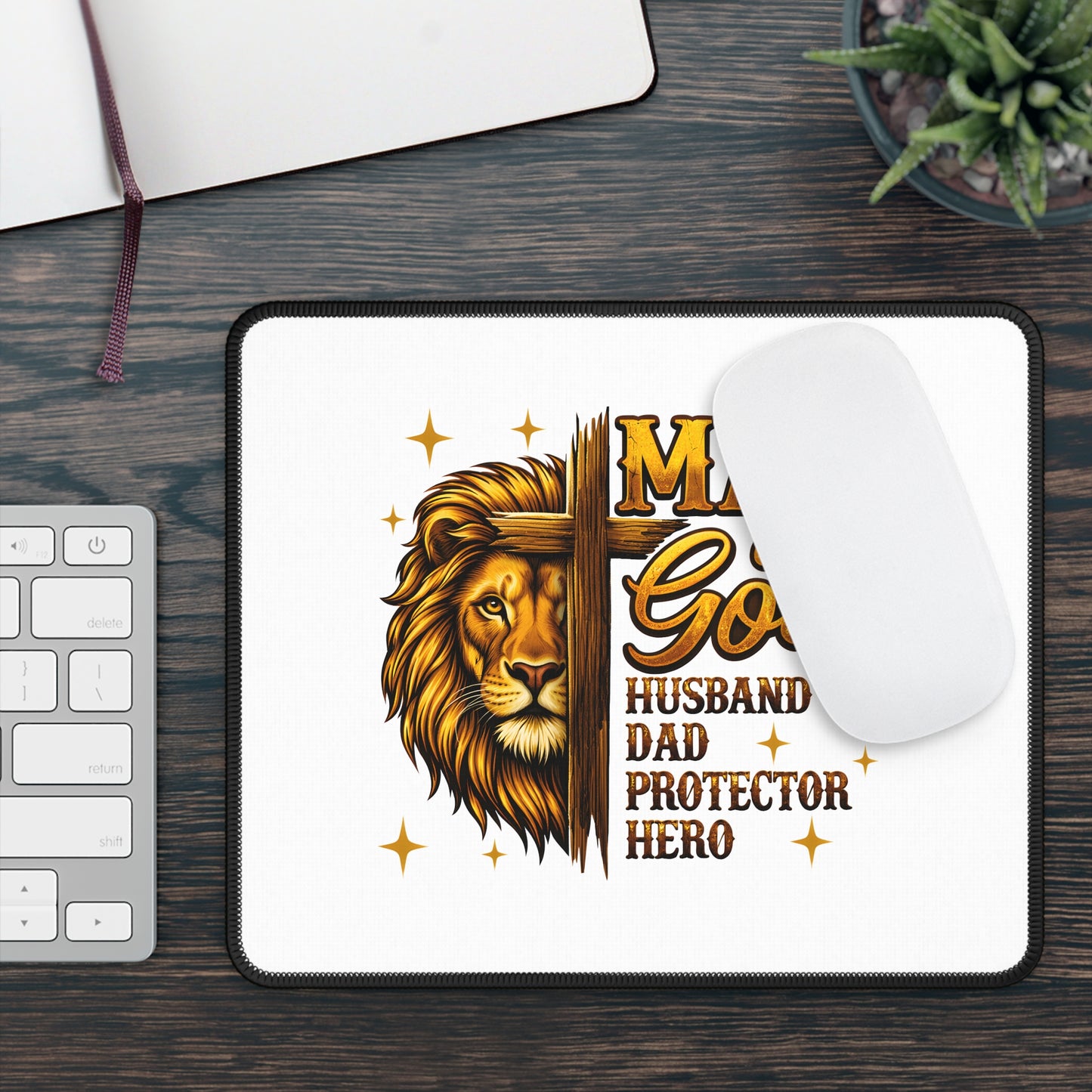 Man of God Lion Cross Gaming Mouse Pad — Husband Dad Protector Hero