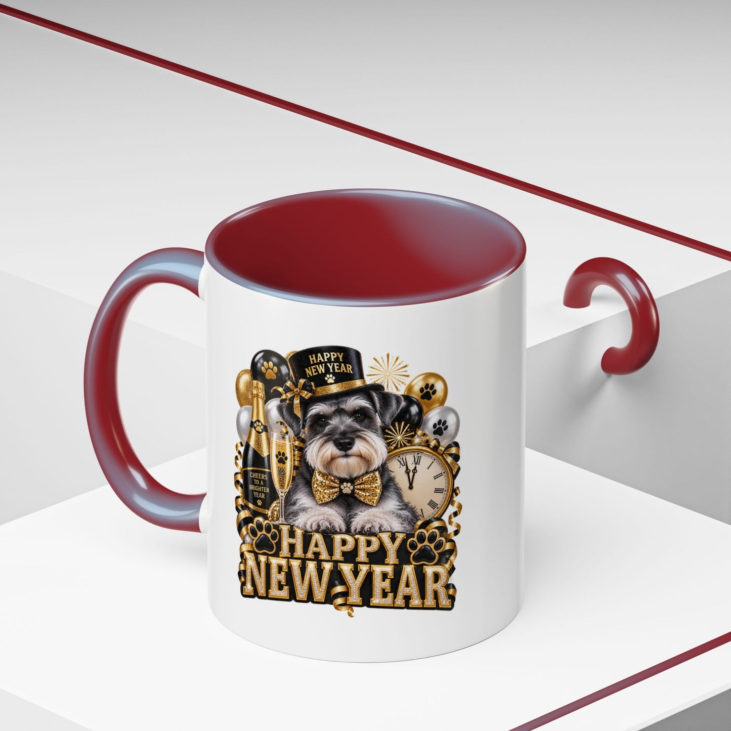 Happy New Year Dog Coffee Mug — Festive Black & Gold 11/15oz Accent Mug