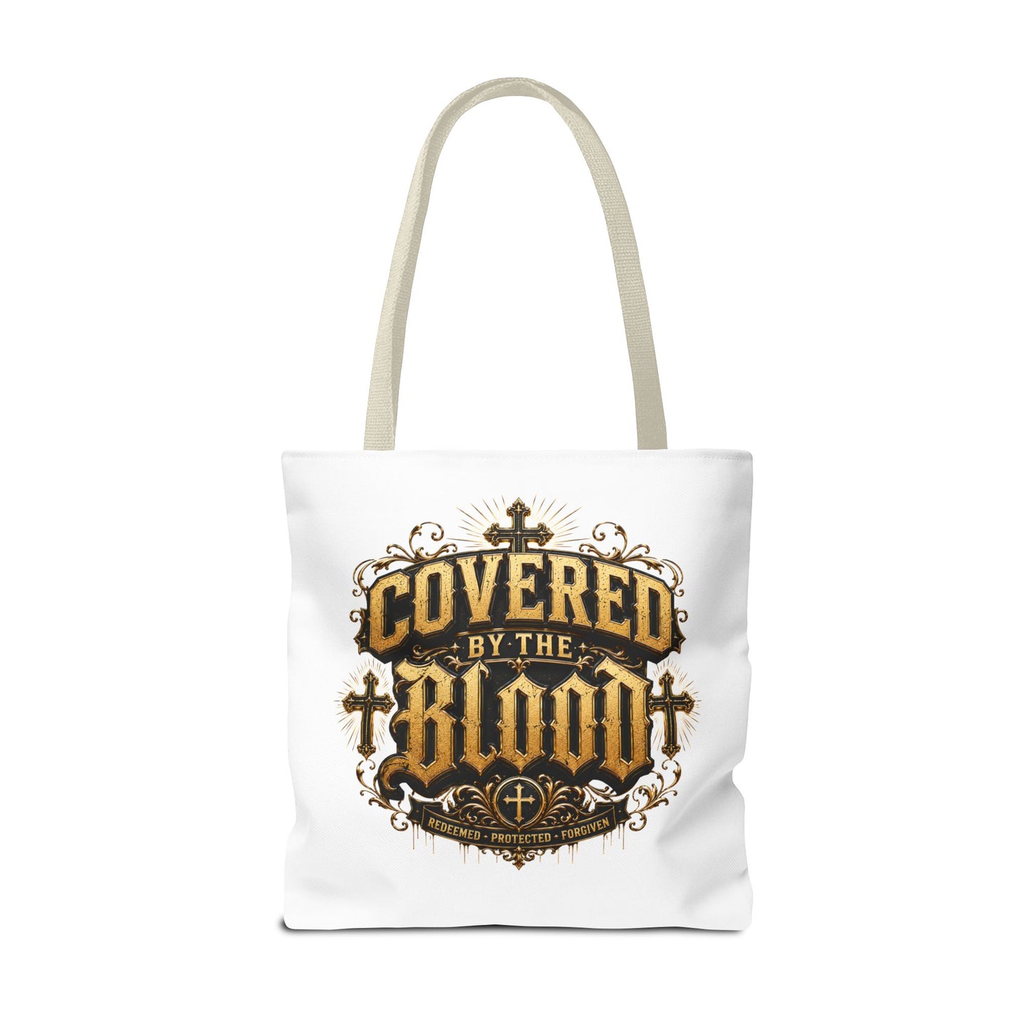 Covered by the Blood Tote Bag — Christian Cross Faith Canvas Tote