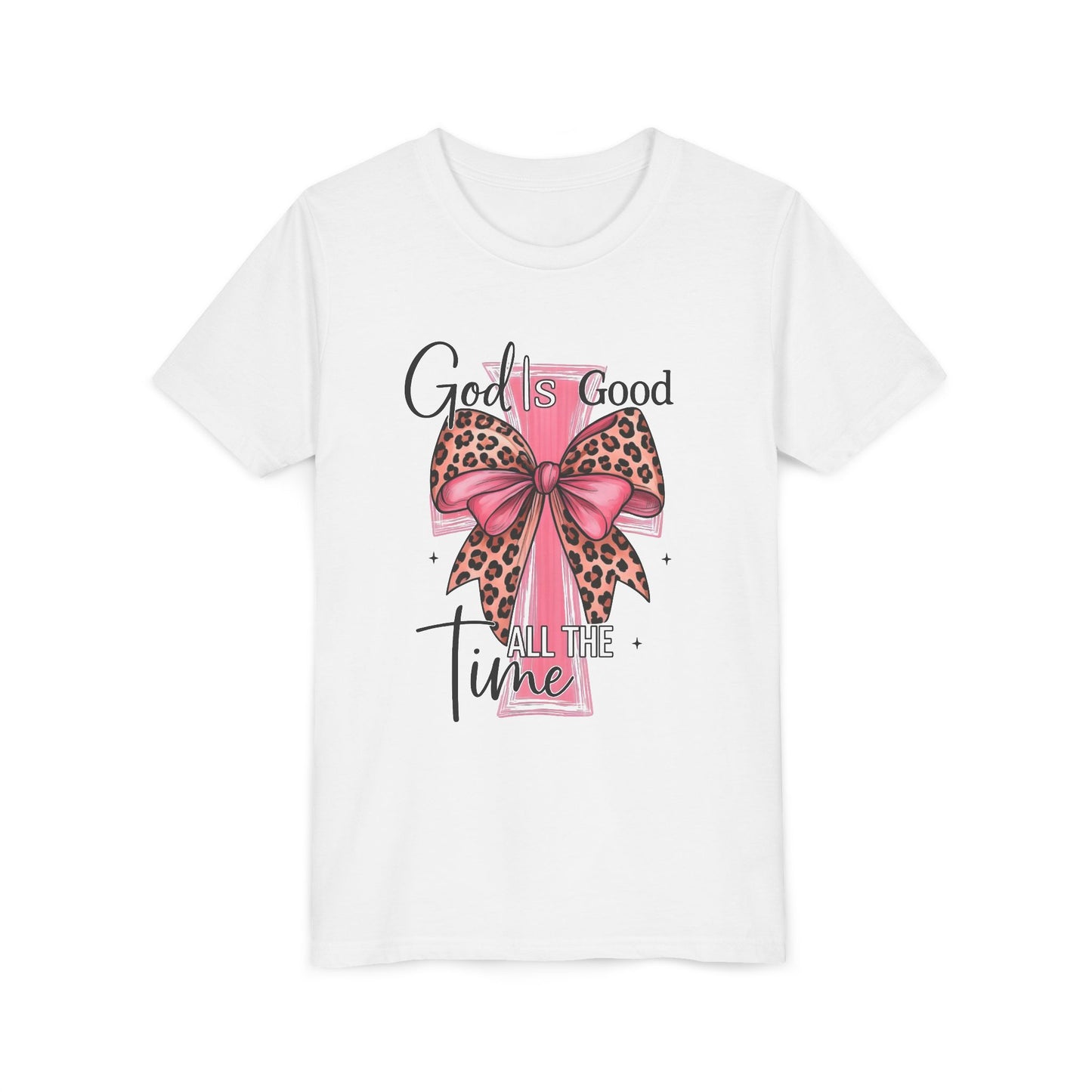 Youth Tee — "God is Good All the Time" Pink Cross with Leopard Bow