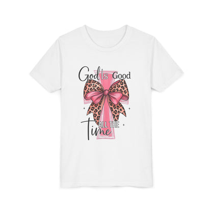 Youth Tee — "God is Good All the Time" Pink Cross with Leopard Bow
