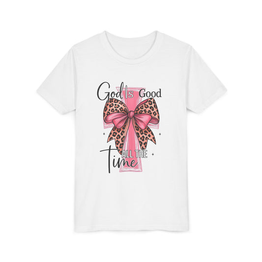 Youth Tee — "God is Good All the Time" Pink Cross with Leopard Bow