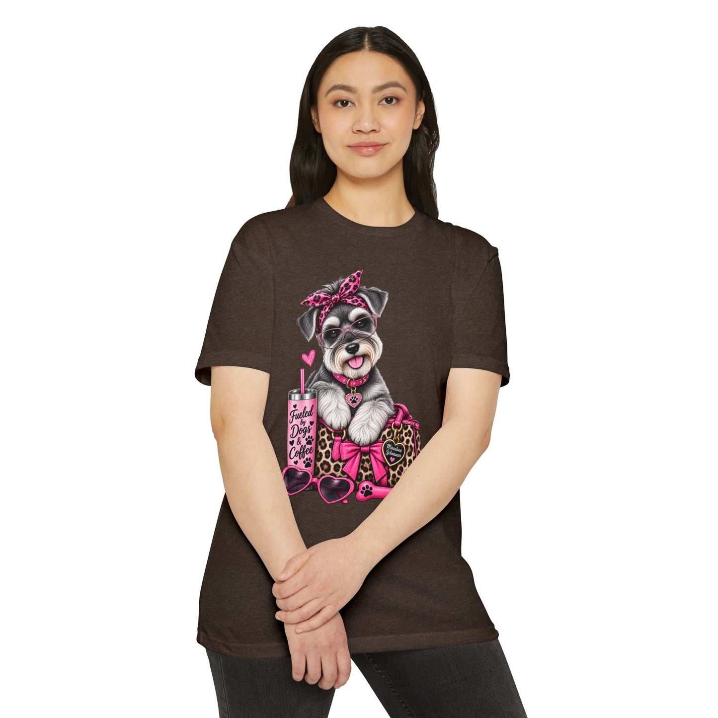 Schnauzer Fashion Tee — Cute Dog with Leopard Bag & 'Faith, Dog, Coffee' Design