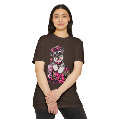 Schnauzer Fashion Tee — Cute Dog with Leopard Bag & 'Faith, Dog, Coffee' Design