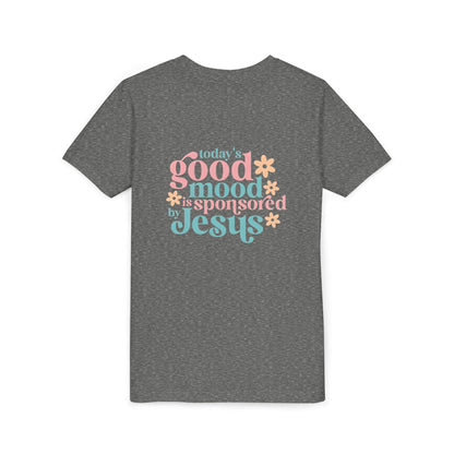 Youth Tee – "Today's Good Mood is Sponsored by Jesus" Retro Floral Christian Shirt