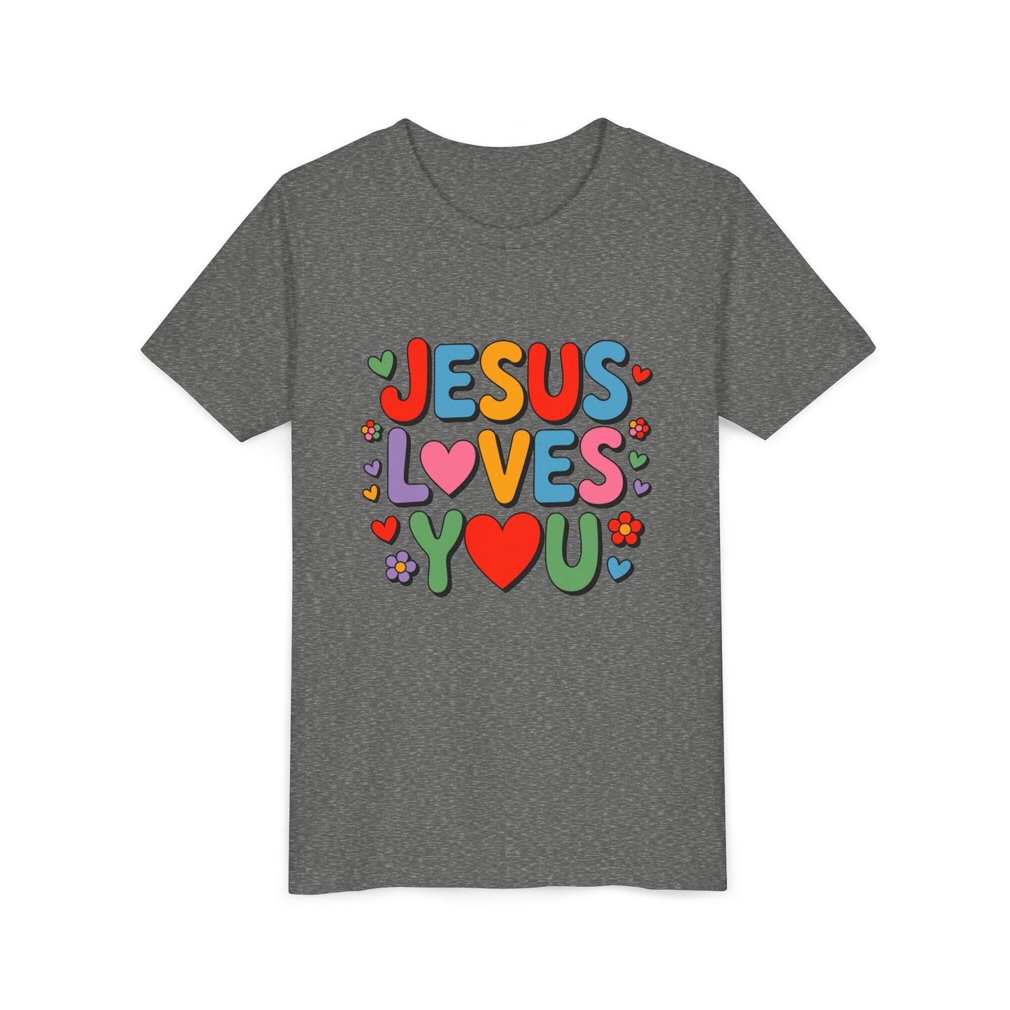 Youth Tee - "Jesus Loves You" Colorful Heart & Flower Christian Shirt