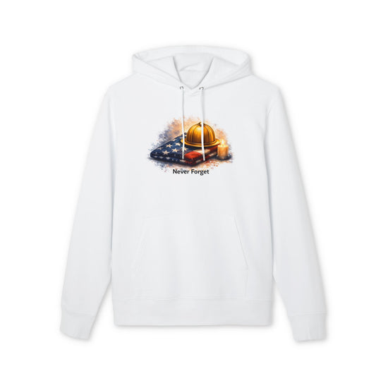 9/11 Never Forget Hoodie — Firefighter Helmet & Flag Tribute