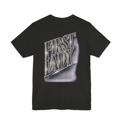 First Lady Graphic Tee — Retro Metallic Script Short Sleeve Shirt