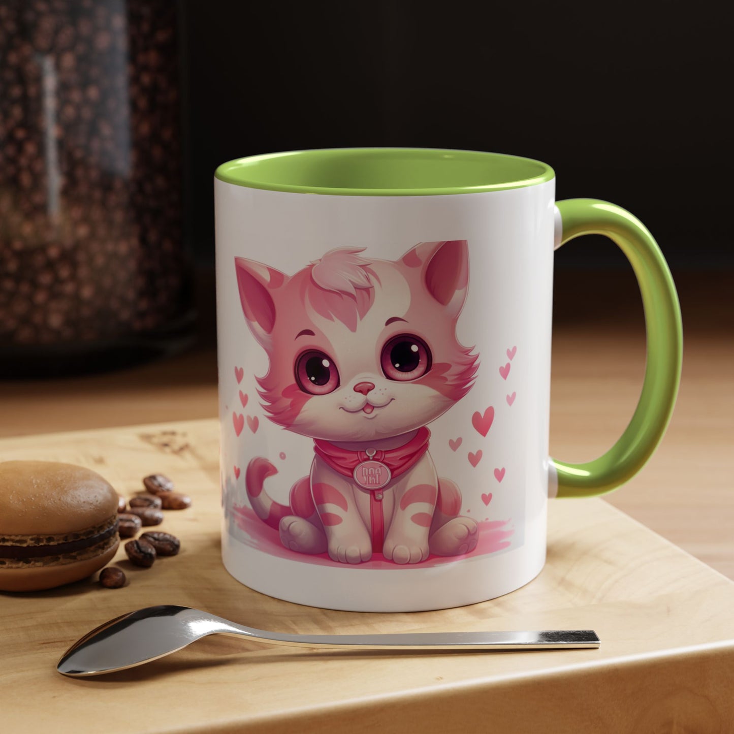 Pink Cute Kitten Coffee Mug — Cute Cat Accent Mug with Hearts (11/15oz)