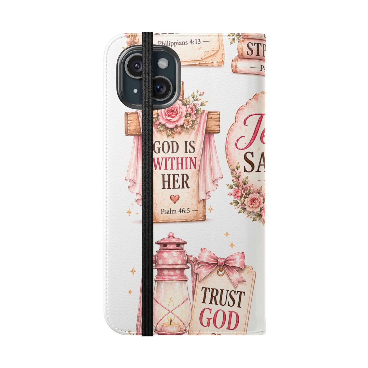 Christian Floral Phone Flip Case — "Jesus Saves" & Inspirational Scripture Wallet Cover
