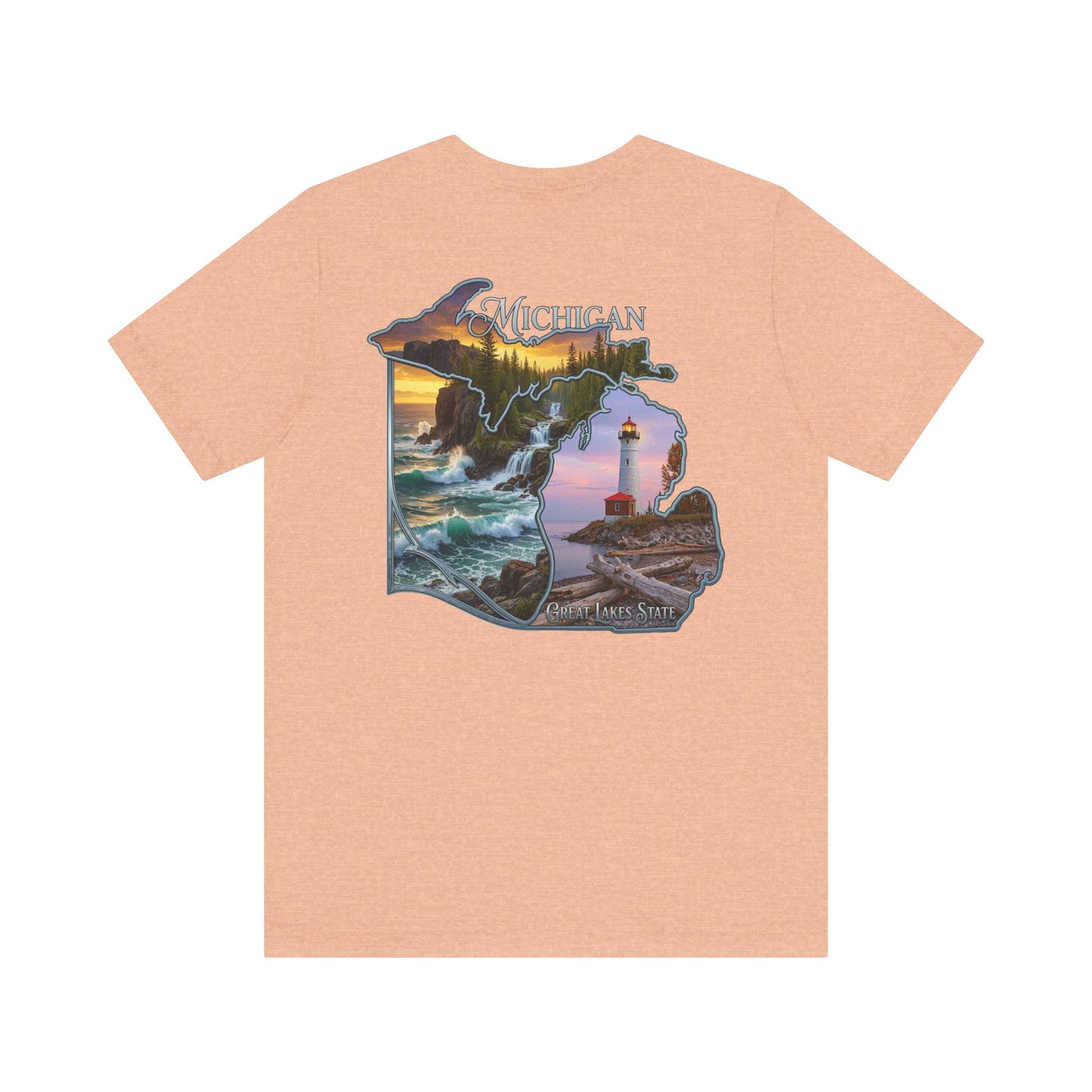 Michigan Scenic Map T-Shirt — Great Lakes Lighthouse Sunset Tee