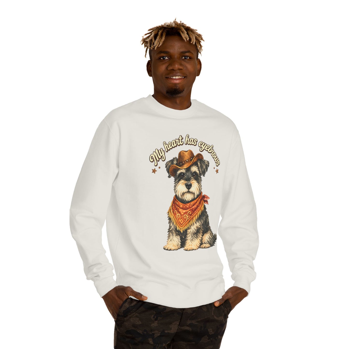 Schnauzer Cowboy Sweatshirt – "My Heart Has Eyeholes" Cute Western Dog Crewneck
