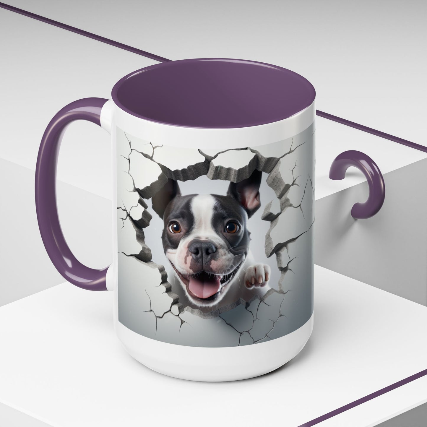 Coffee Mug — Happy Boston Terrier Breaking Through Design (Accent 11/15oz)