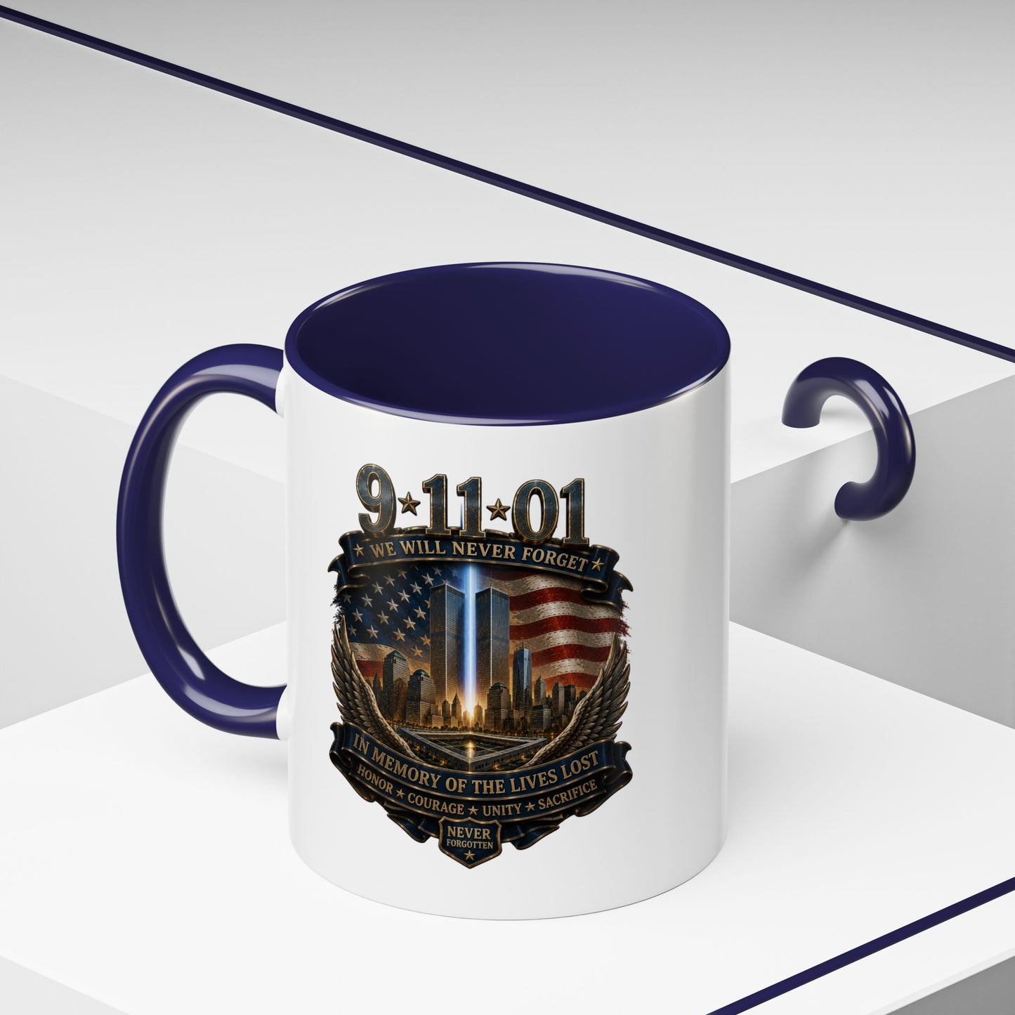 9/11 Memorial Coffee Mug — 'We Will Never Forget' Tribute Accent Mug