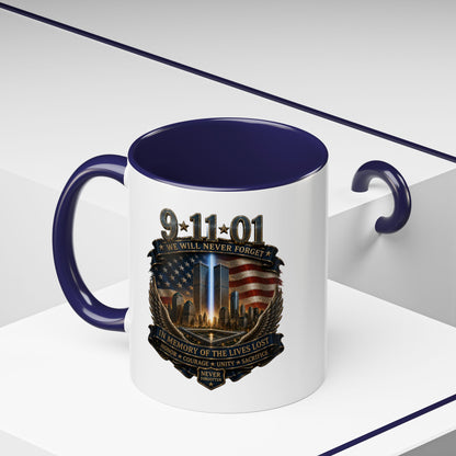 9/11 Memorial Coffee Mug — 'We Will Never Forget' Tribute Accent Mug