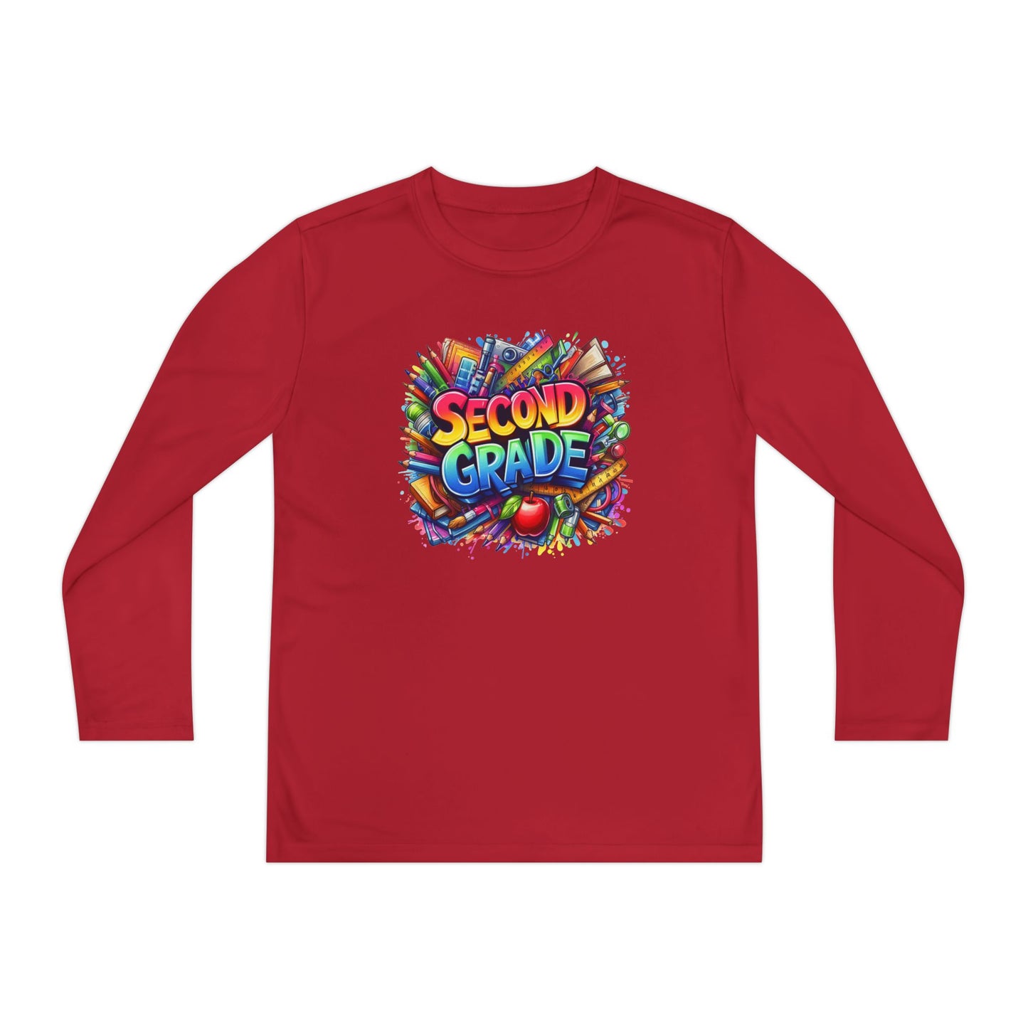 Second Grade Youth Long Sleeve Tee — Colorful School Supplies Back-to-School Shirt