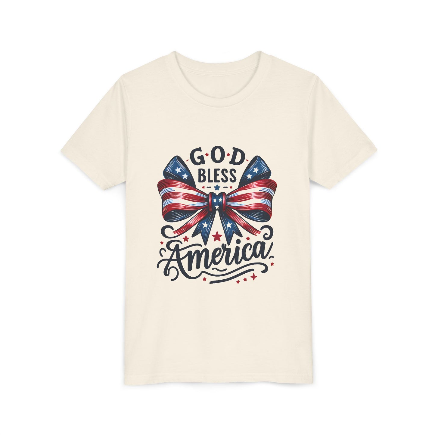 Youth Tee — "God Bless America" Patriotic Bow T-Shirt (4th of July, Memorial Day)