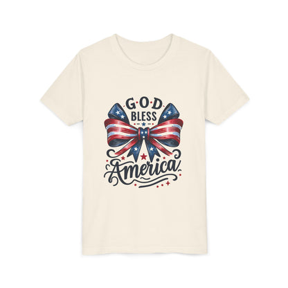 Youth Tee — "God Bless America" Patriotic Bow T-Shirt (4th of July, Memorial Day)