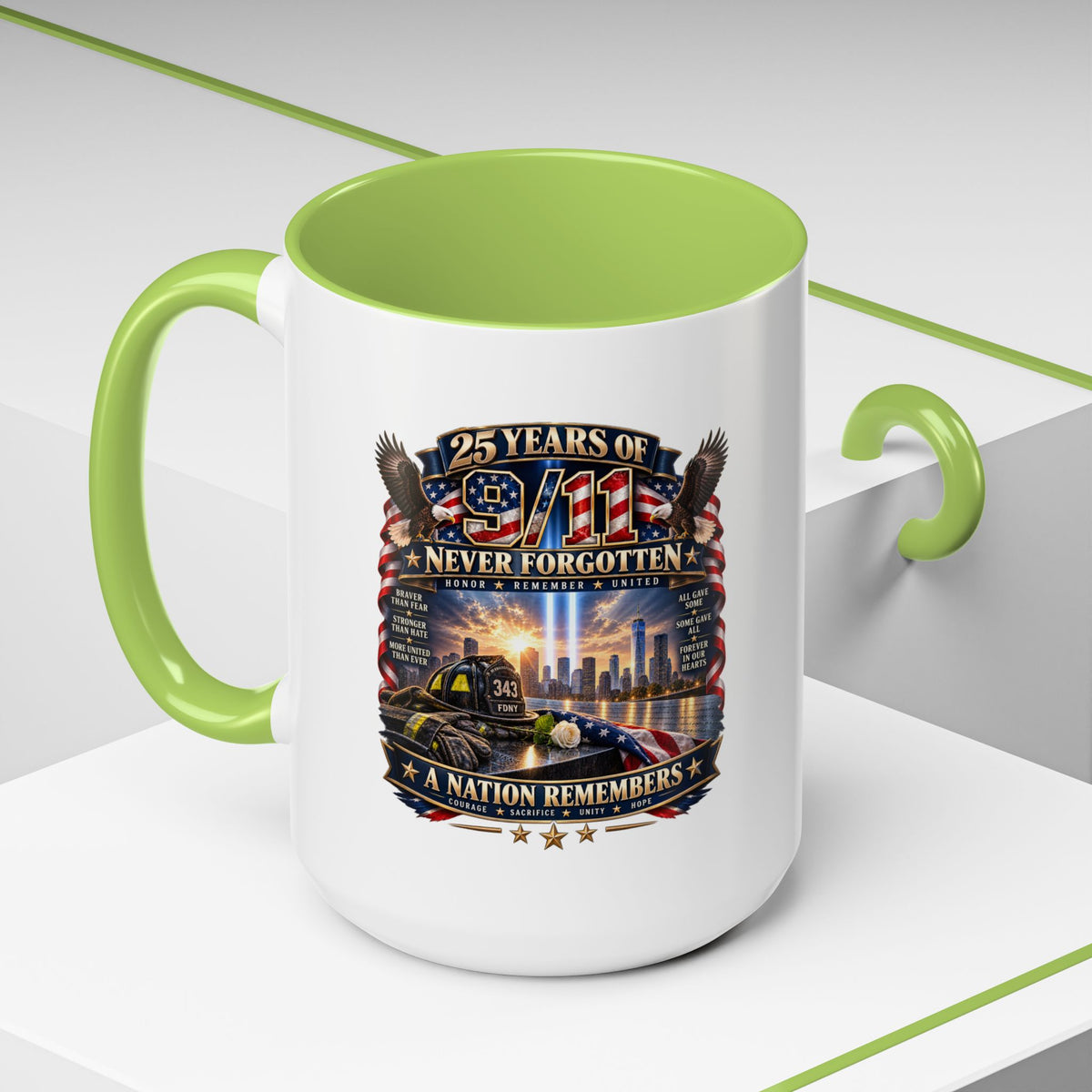 9/11 Memorial Coffee Mug — "25 Years of Never Forgotten" Patriot Tribute