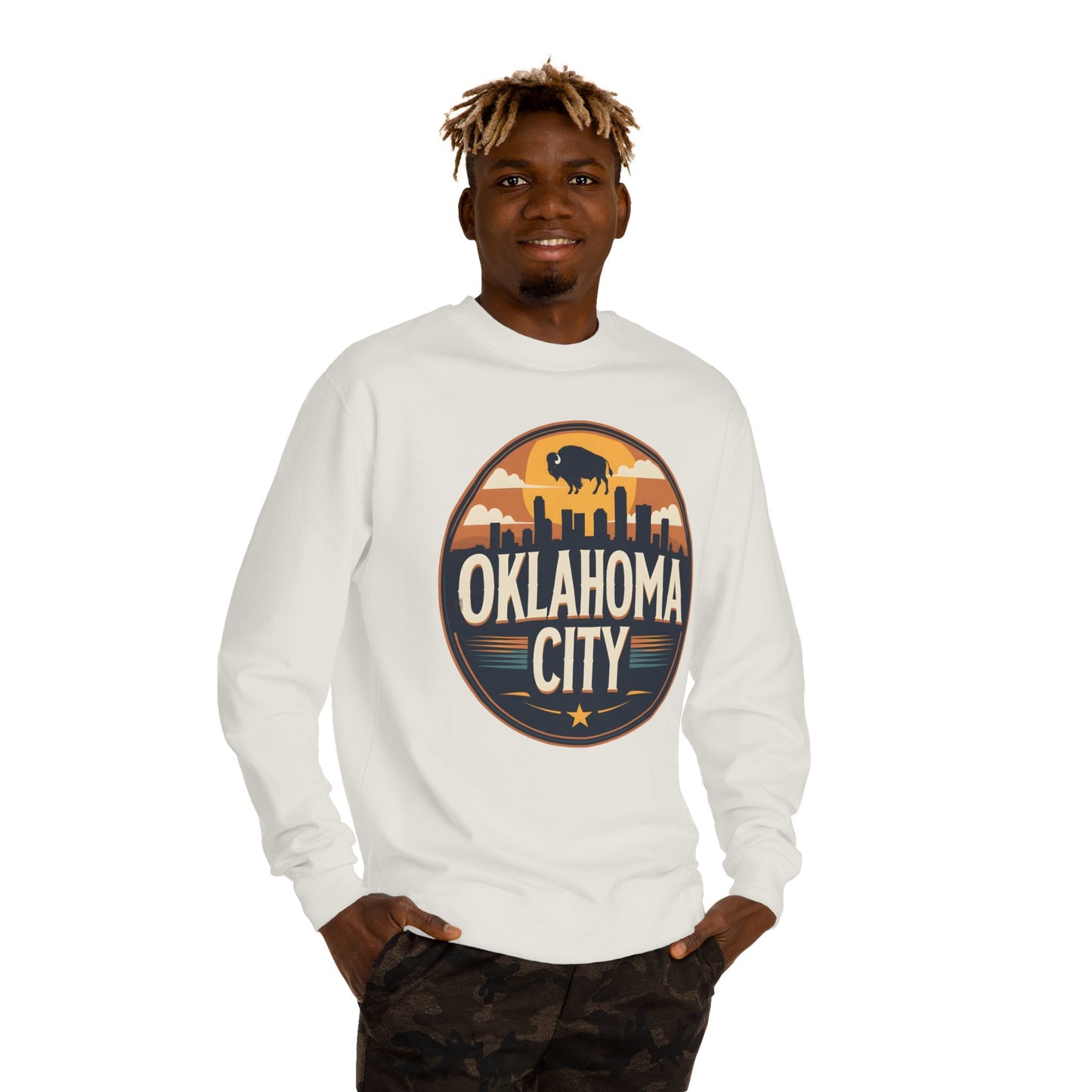 Oklahoma City Skyline Crewneck Sweatshirt — Retro Bison Graphic