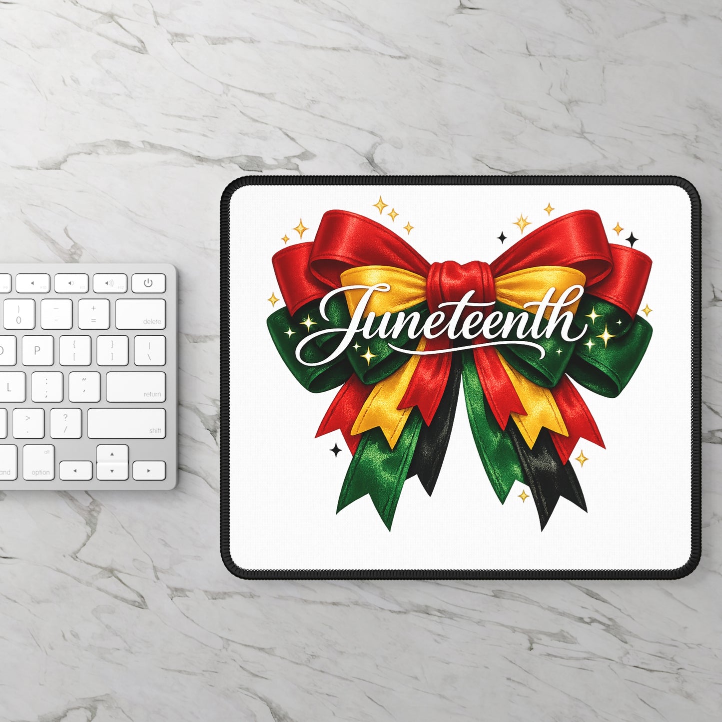 Juneteenth Decorative Gaming Mouse Pad — Red, Green & Gold Celebration Bow Design