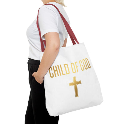 Child of God Tote Bag — Gold Cross Religious Canvas Tote