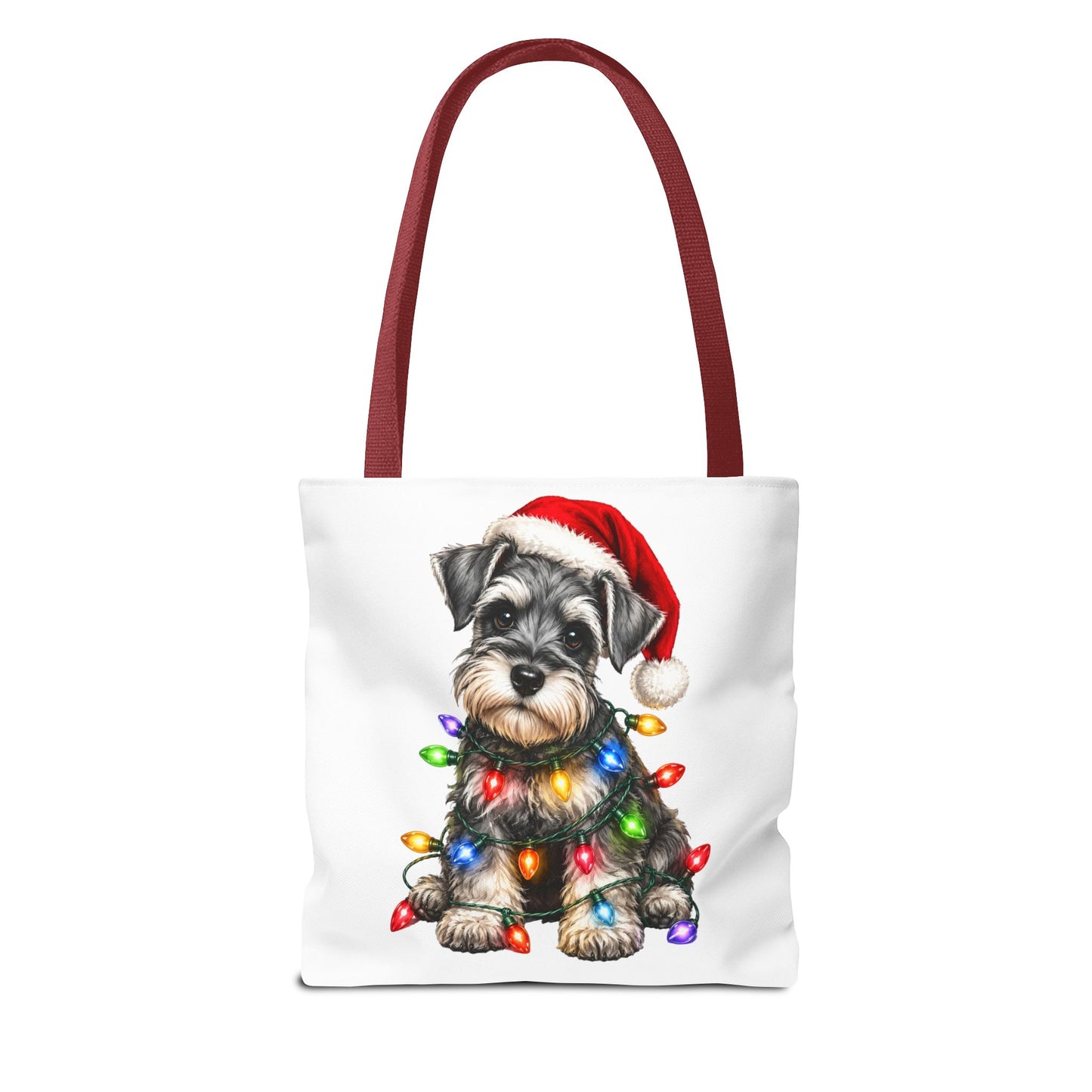 Christmas Schnauzer Tote Bag — Cute Puppy with Santa Hat & Holiday Lights