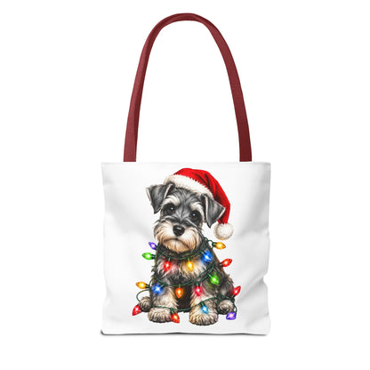 Christmas Schnauzer Tote Bag — Cute Puppy with Santa Hat & Holiday Lights