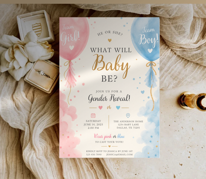 Baby Reveal Invitation Template | Editable Gender Reveal Party Invite Canva Template