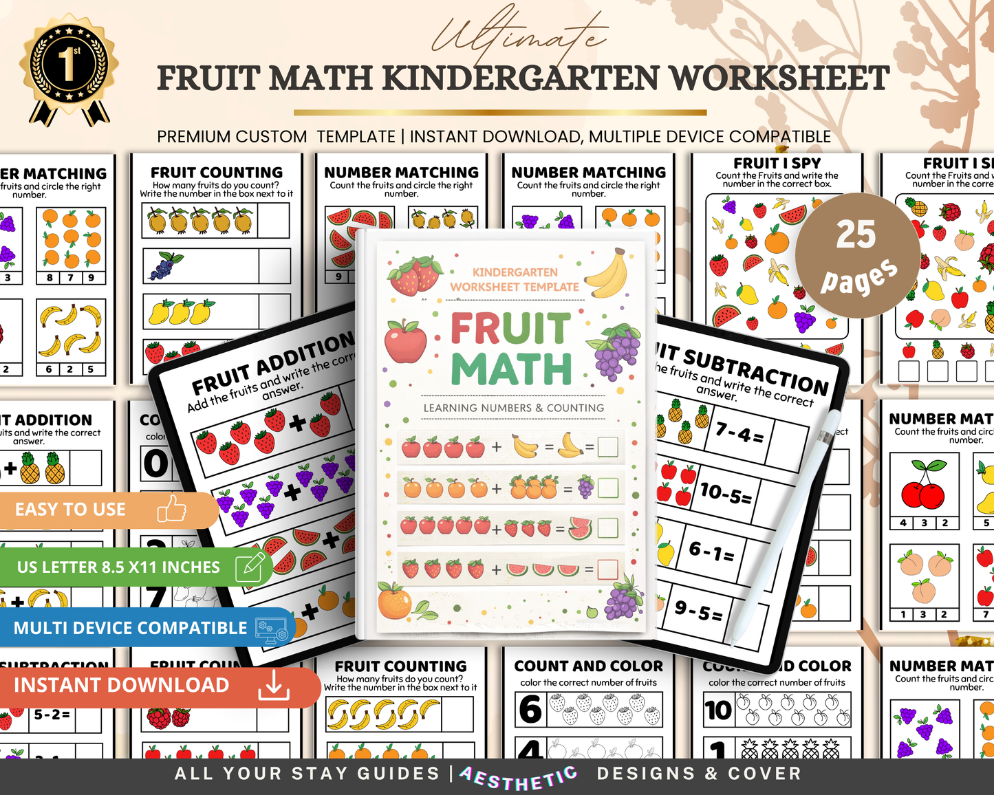 Fruit Math Worksheet for Kindergarten | Printable Counting & Addition Activities with Fun Fruit Theme