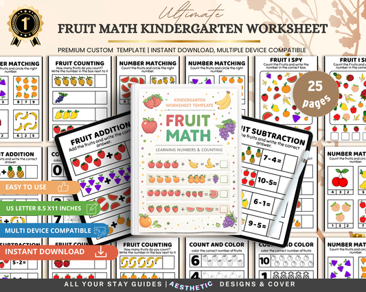 Fruit Math Worksheet for Kindergarten | Printable Counting & Addition Activities with Fun Fruit Theme