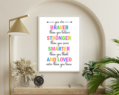 You Are Braver Than Wall Art | Inspirational Quote Poster, Confidence &amp; Courage Decor, Printable Motivational Wall Art