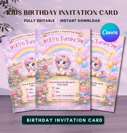 Pony Birthday Invitation Template | Editable Kids Horse Party Invite
