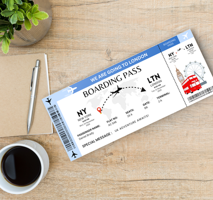 London Boarding Pass & Ticket Template | Editable Canva Travel Ticket Invitation & Party Invite