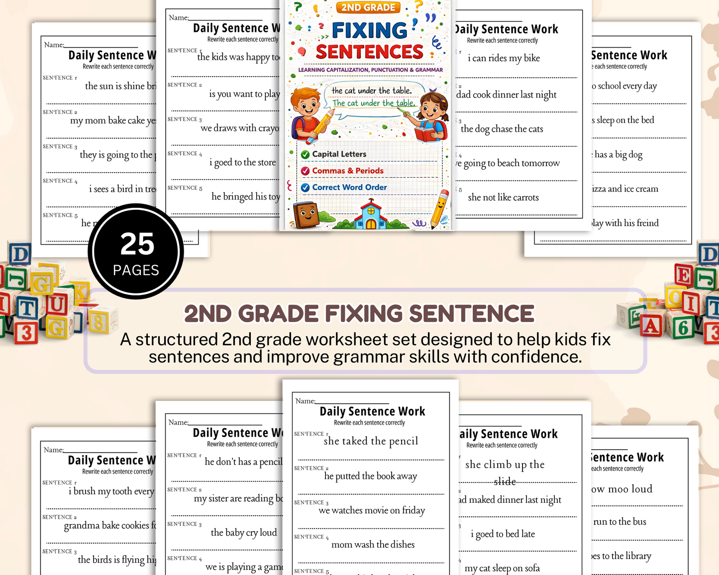 2nd Grade Fixing Sentences Worksheets | Printable Grammar & Sentence Correction Activities for Kids