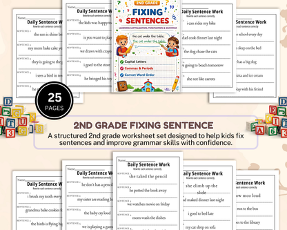 2nd Grade Fixing Sentences Worksheets | Printable Grammar & Sentence Correction Activities for Kids