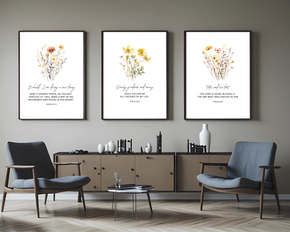 Christian Floral Wall Art Set of 3 | Bible Verse Printable, Feminine Scripture Decor, Boho Neutral Faith Home Wall Prints